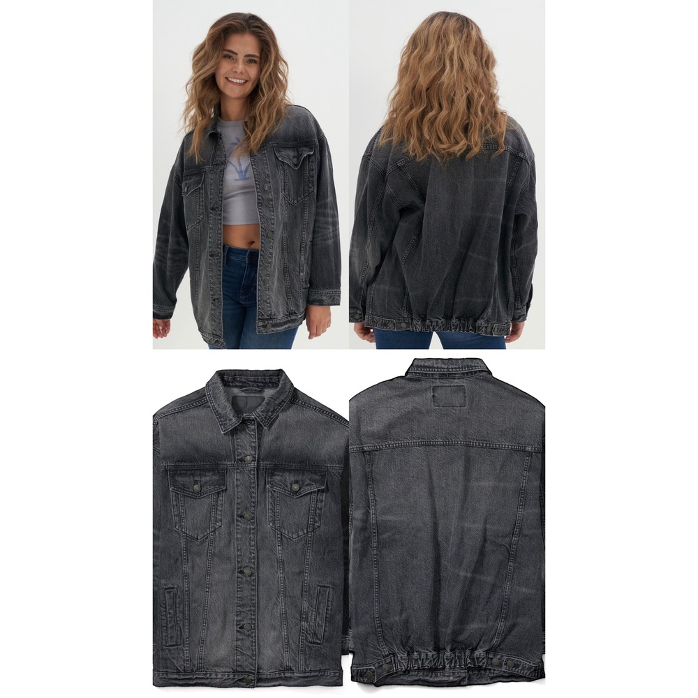 American Eagle Oversized Denim Trucker Jacket Washed Black Large 172400349